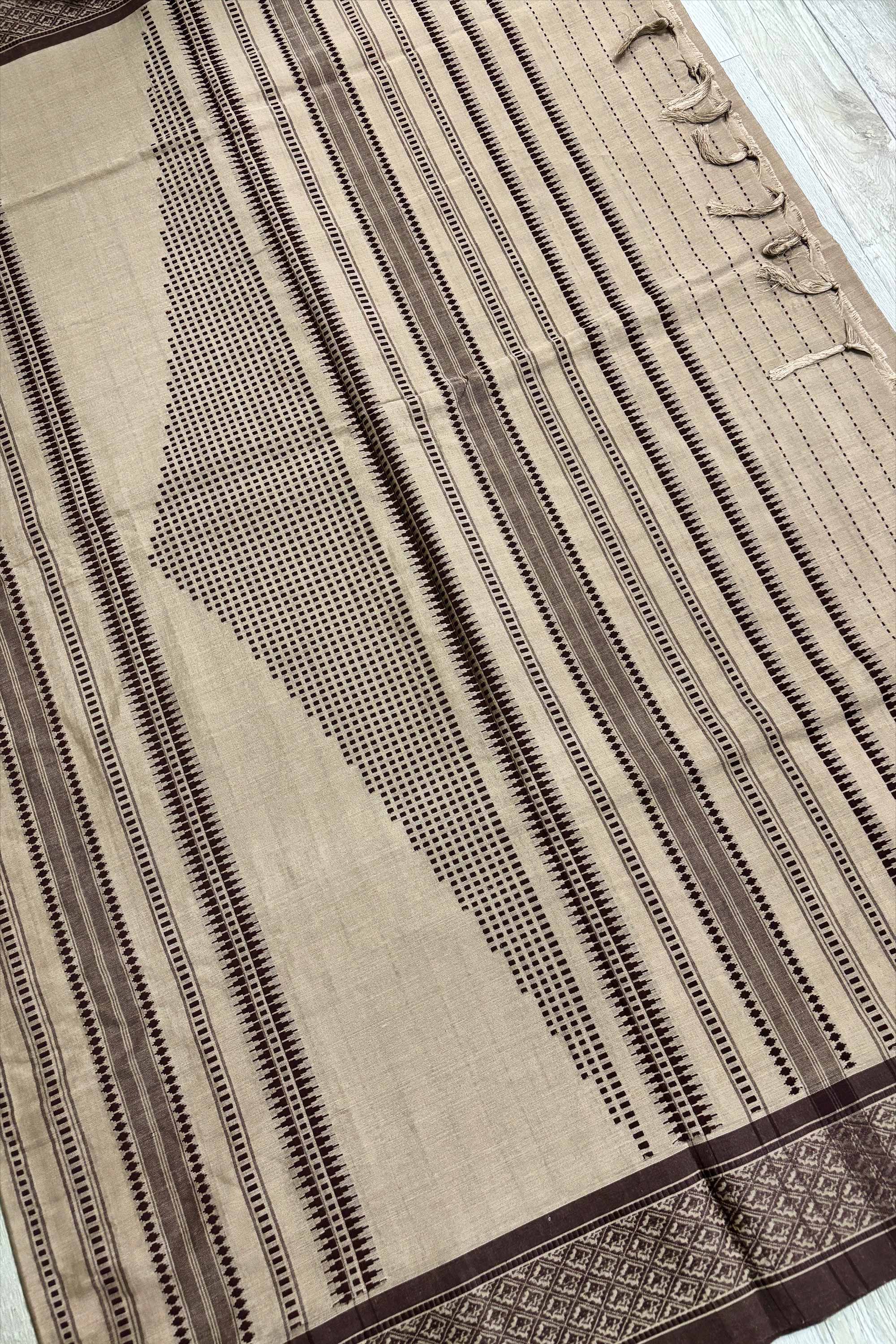 Nude Brown Bengal Cotton Saree with Chocolate Fish Woven Borders