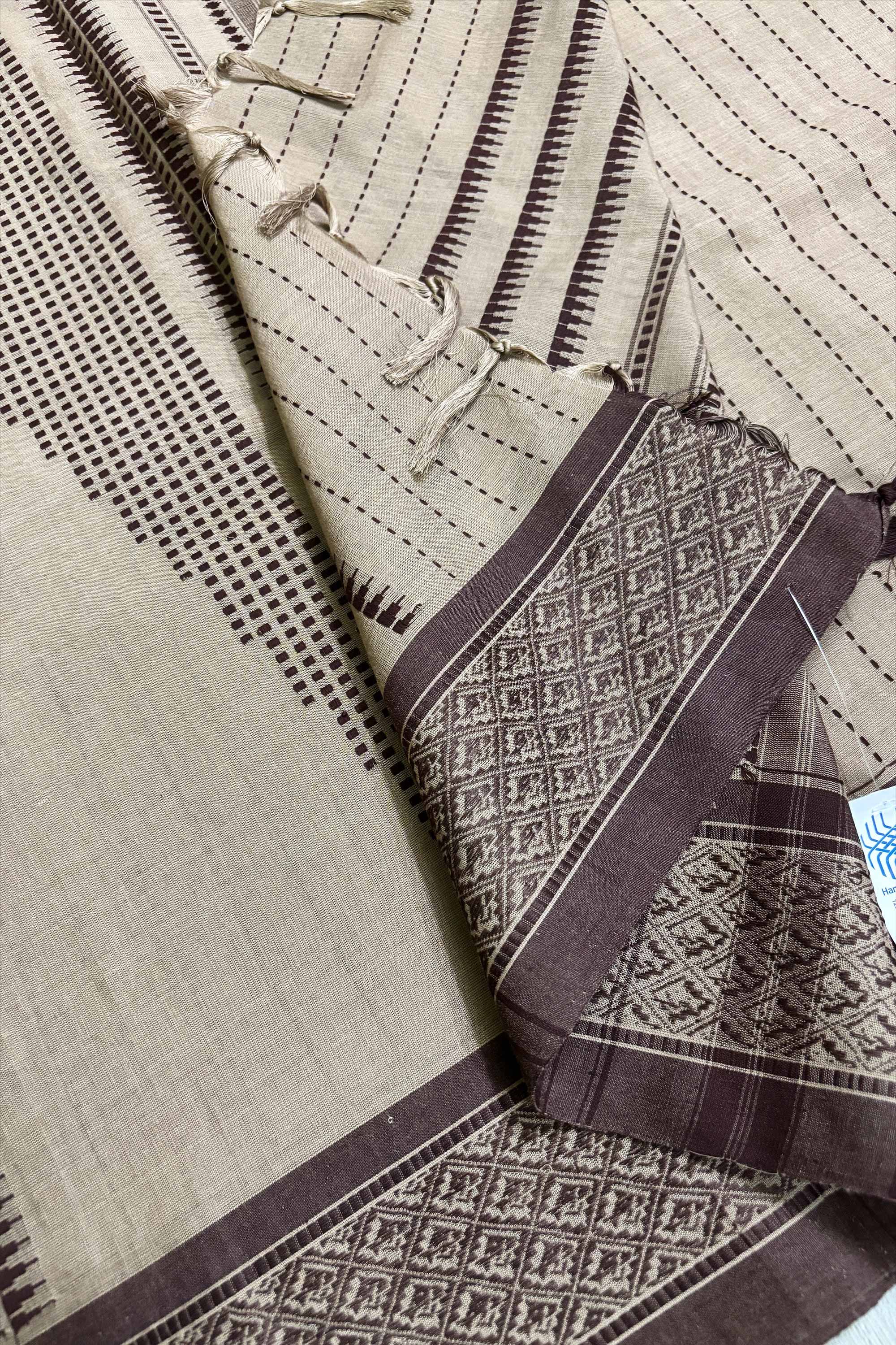 Nude Brown Bengal Cotton Saree with Chocolate Fish Woven Borders