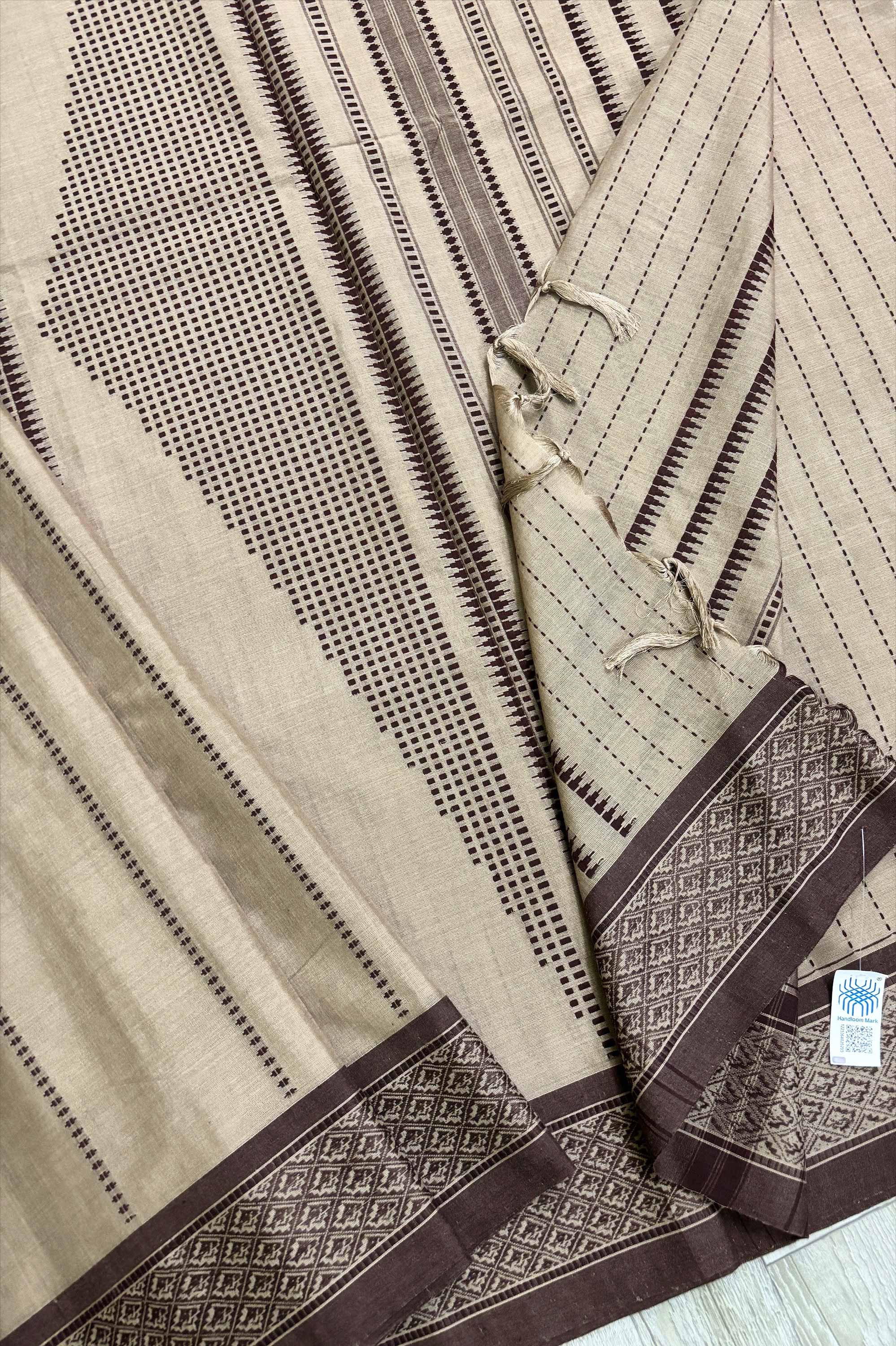 Nude Brown Bengal Cotton Saree with Chocolate Fish Woven Borders