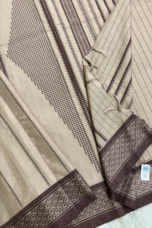 Nude Brown Bengal Cotton Saree with Chocolate Fish Woven Borders