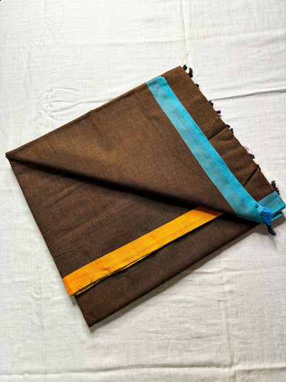 Brown Cotton Saree with Ganga Jamuna Borders