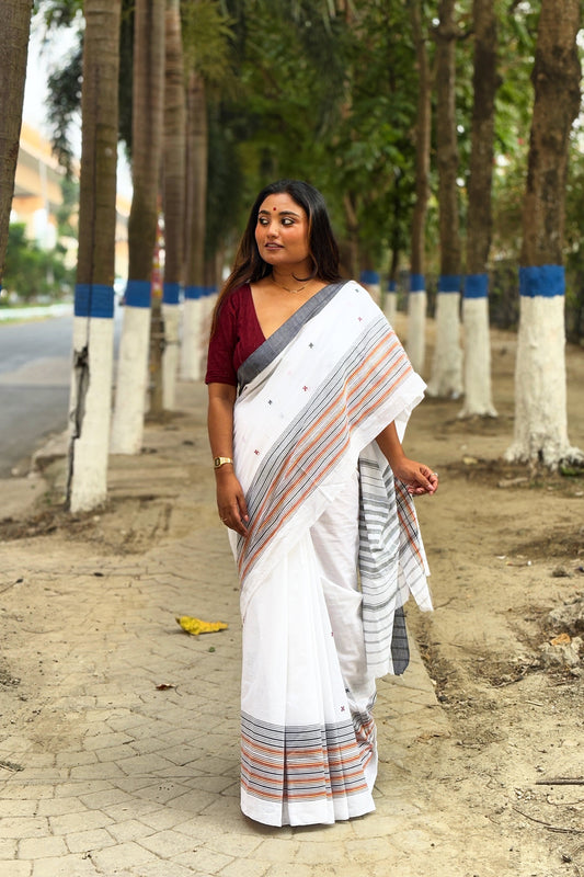 White Dhaniakhali Cotton Saree with Multicolor Border
