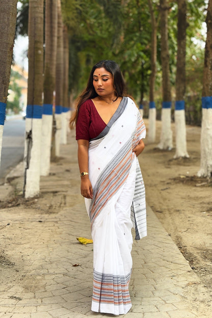 White Dhaniakhali Cotton Saree with Multicolor Border