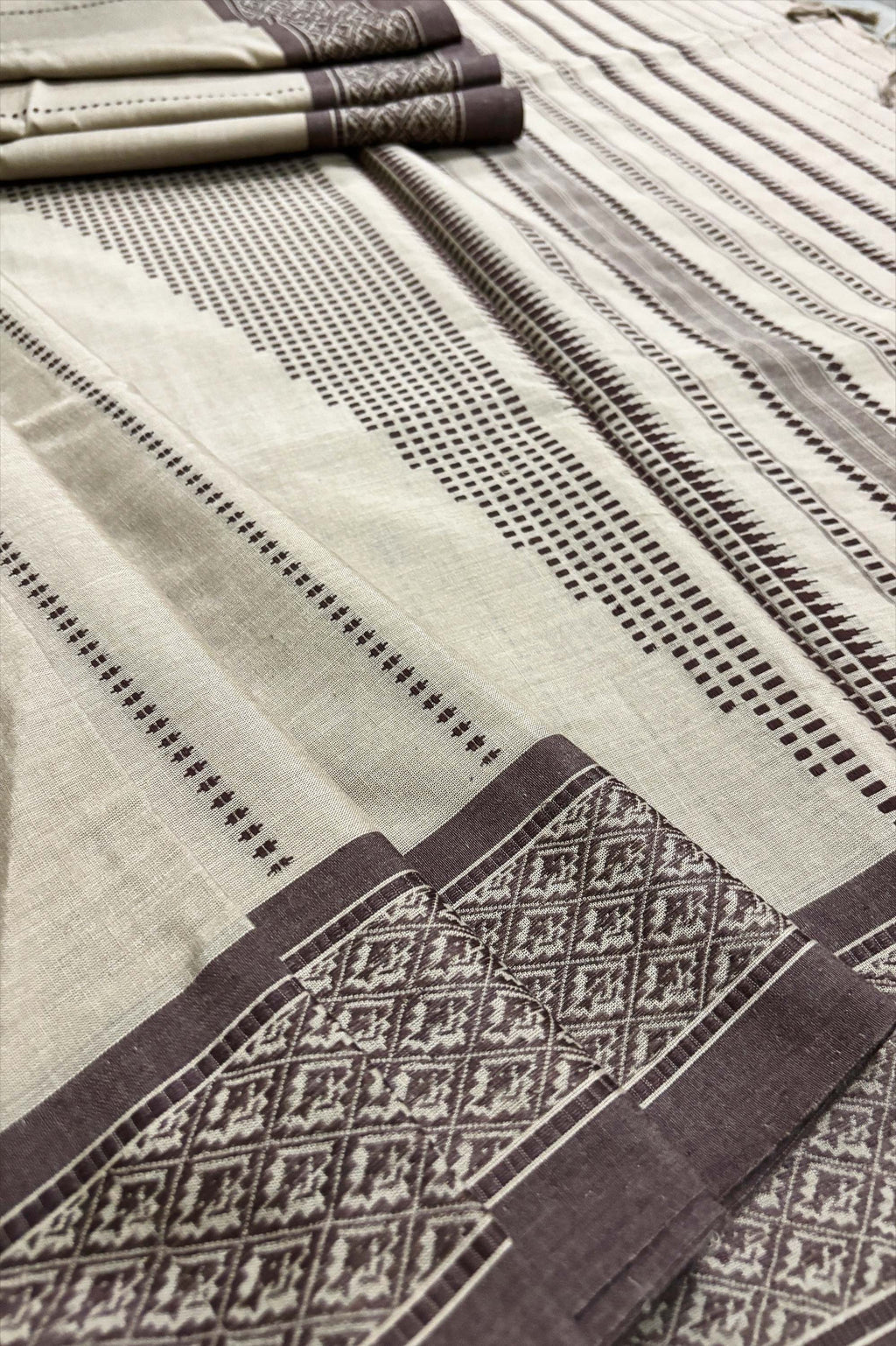 Nude Brown Bengal Cotton Saree with Chocolate Fish Woven Borders