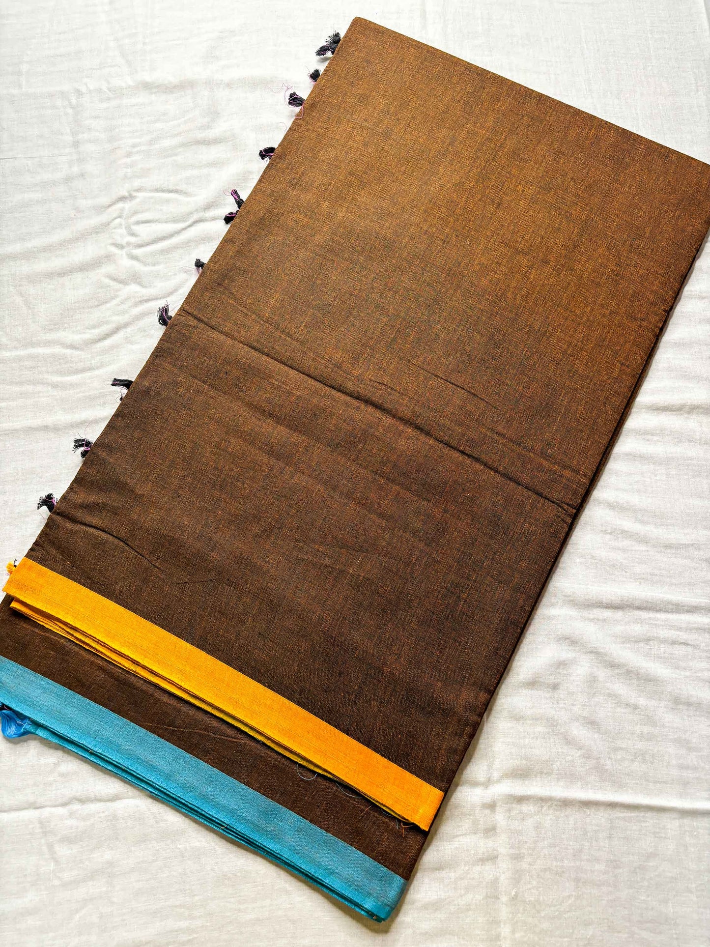 Brown Cotton Saree with Ganga Jamuna Borders