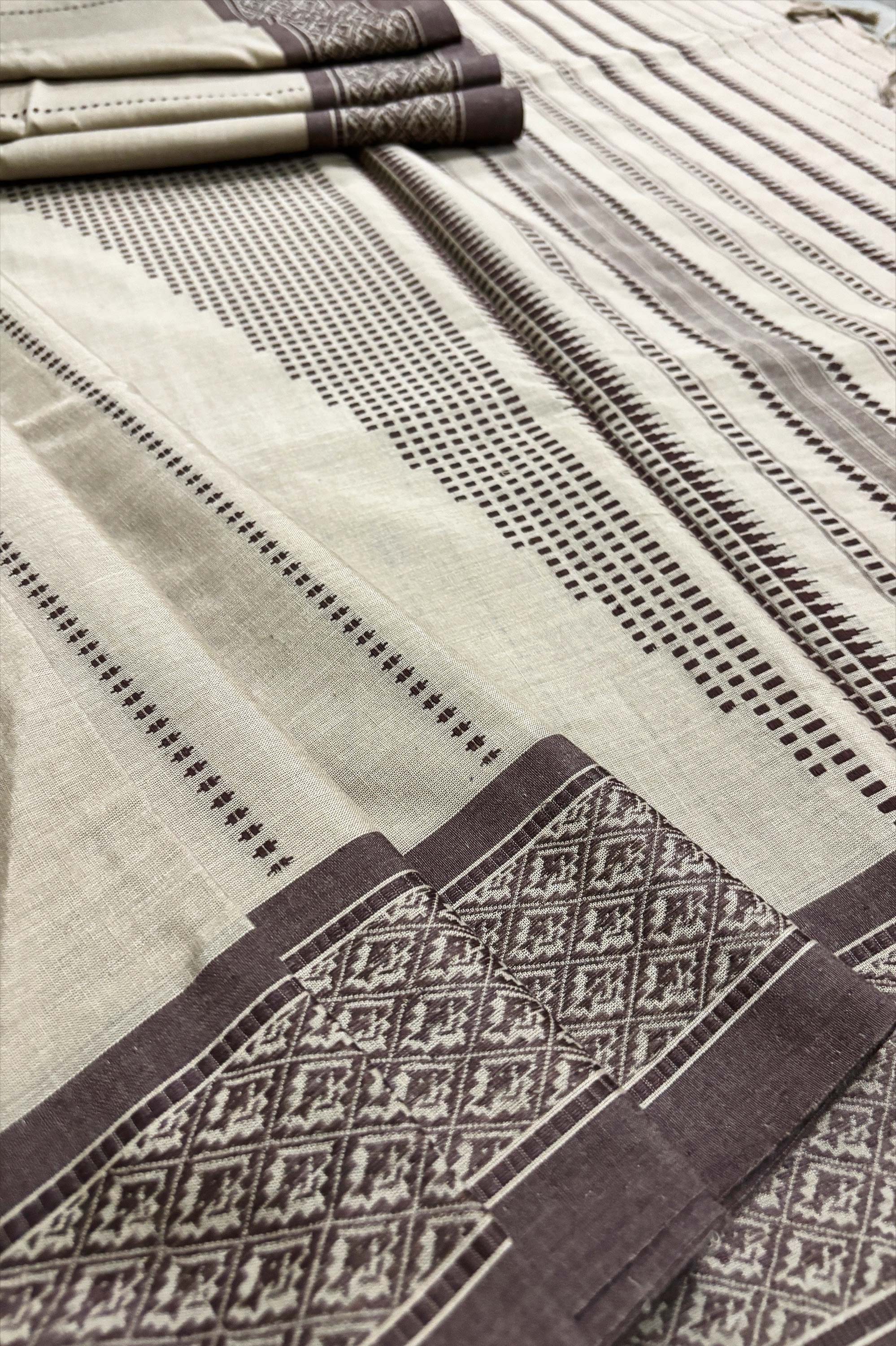 Nude Brown Bengal Cotton Saree with Chocolate Fish Woven Borders