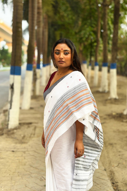 White Dhaniakhali Cotton Saree with Multicolor Border