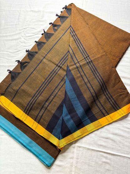 Brown Cotton Saree with Ganga Jamuna Borders