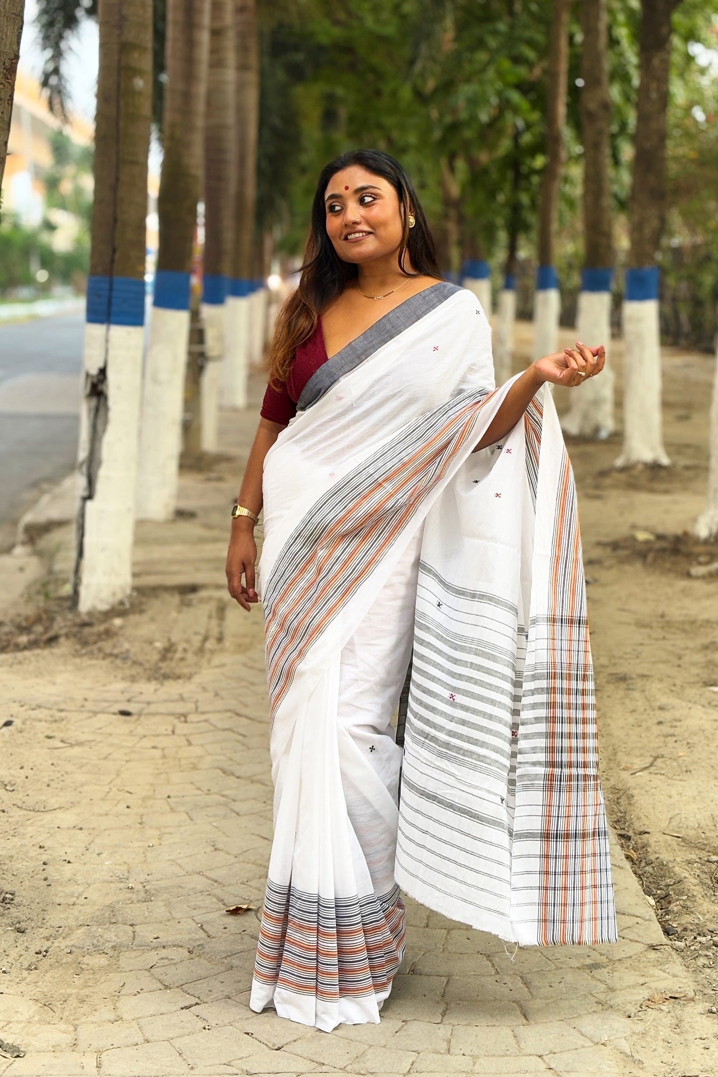 White Dhaniakhali Cotton Saree with Multicolor Border