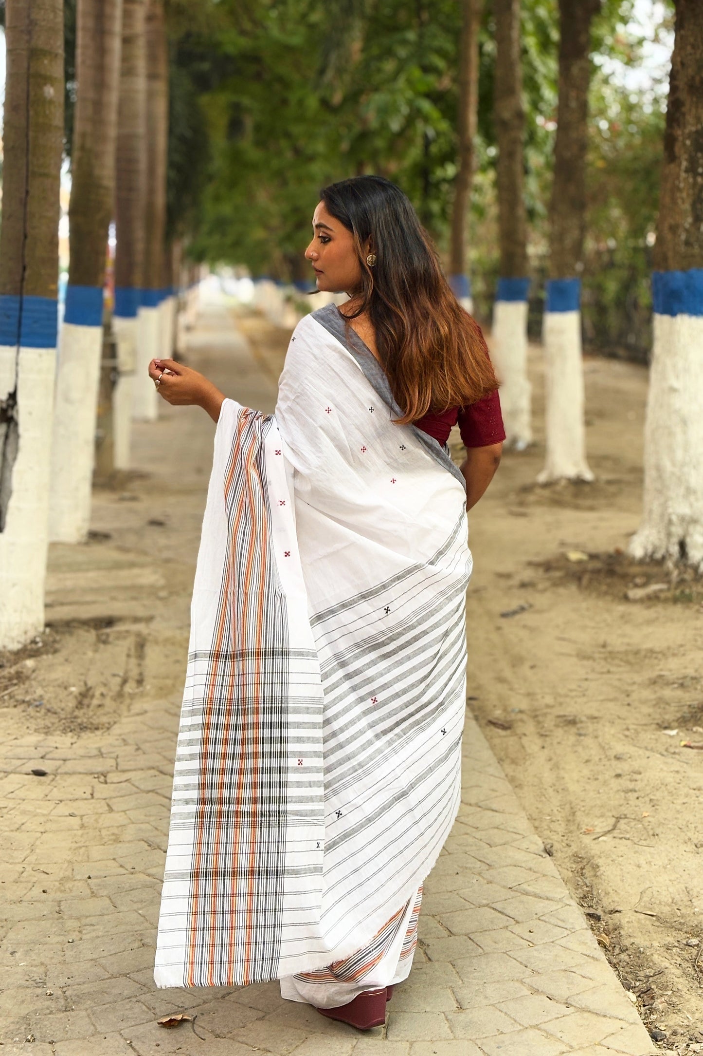 White Dhaniakhali Cotton Saree with Multicolor Border
