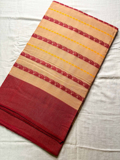 Dudhe Alta Lal Paar Kolka Woven Cotton Dhaniakhali Saree