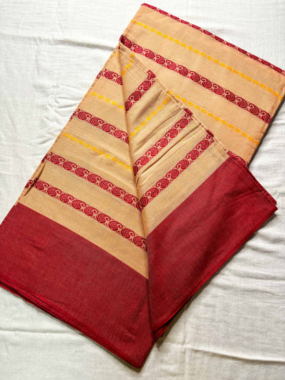 Dudhe Alta Lal Paar Kolka Woven Cotton Dhaniakhali Saree