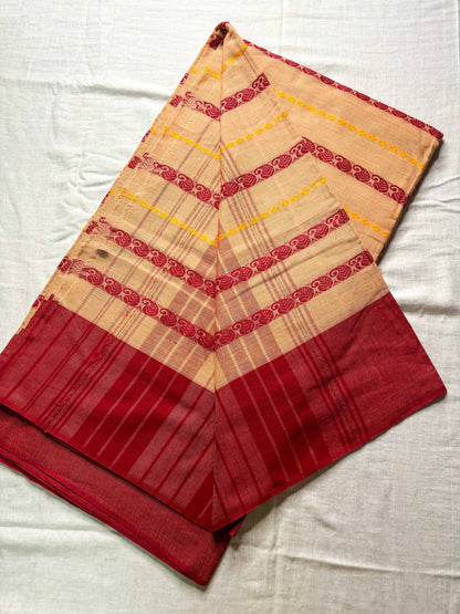 Dudhe Alta Lal Paar Kolka Woven Cotton Dhaniakhali Saree