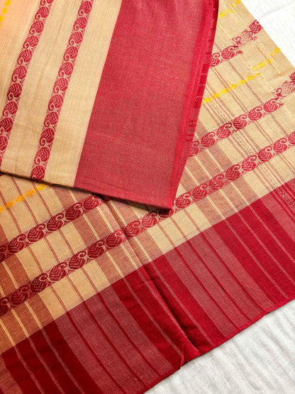 Dudhe Alta Lal Paar Kolka Woven Cotton Dhaniakhali Saree