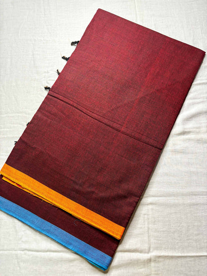 Maroon Cotton Saree with Ganga Jamuna Borders