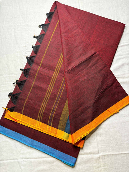 Maroon Cotton Saree with Ganga Jamuna Borders