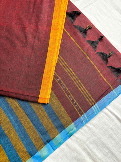 Maroon Cotton Saree with Ganga Jamuna Borders