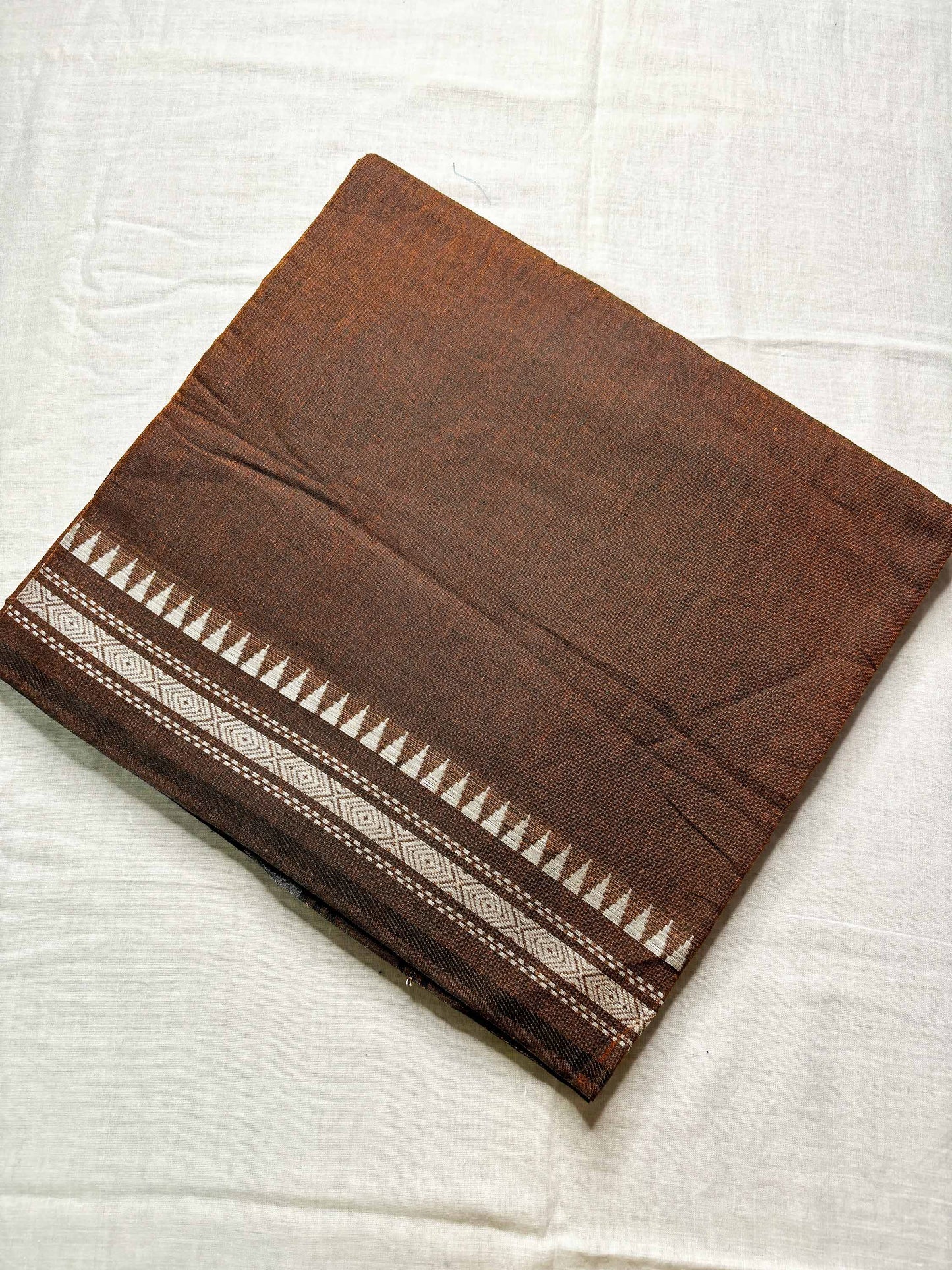 Brown Cotton Dhaniakhali Saree with White Thin Borders