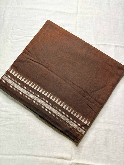 Brown Cotton Dhaniakhali Saree with White Thin Borders