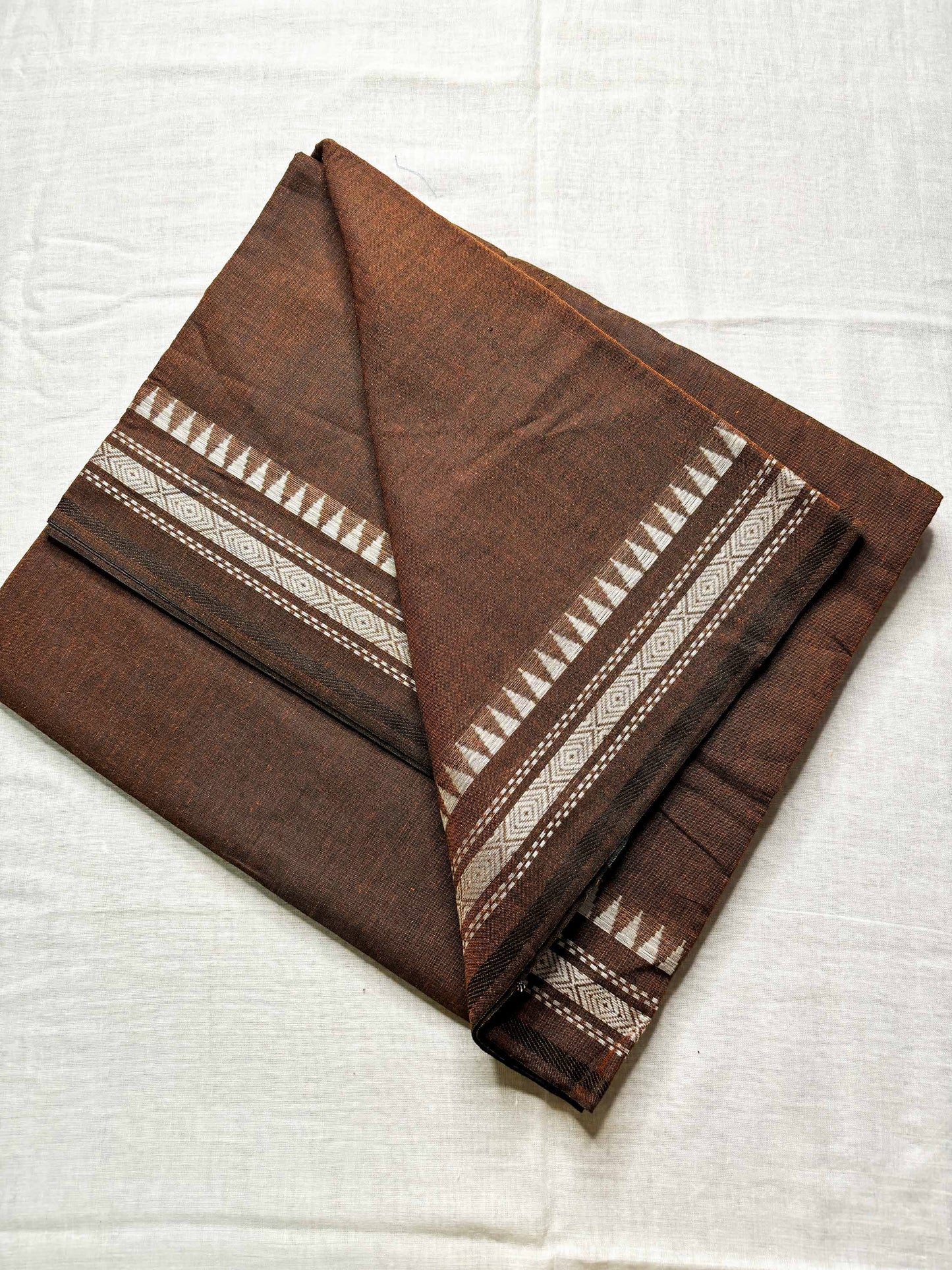 Brown Cotton Dhaniakhali Saree with White Thin Borders