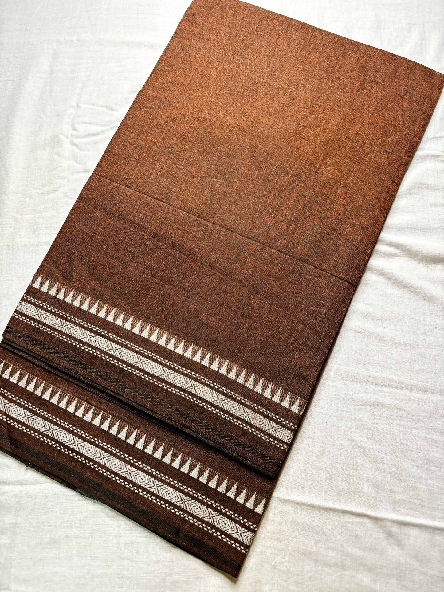 Brown Cotton Dhaniakhali Saree with White Thin Borders