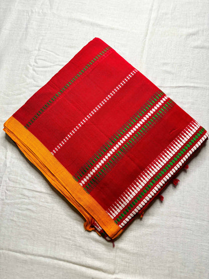 Red Begumpuri Cotton Handloom Saree with Yellow Borders