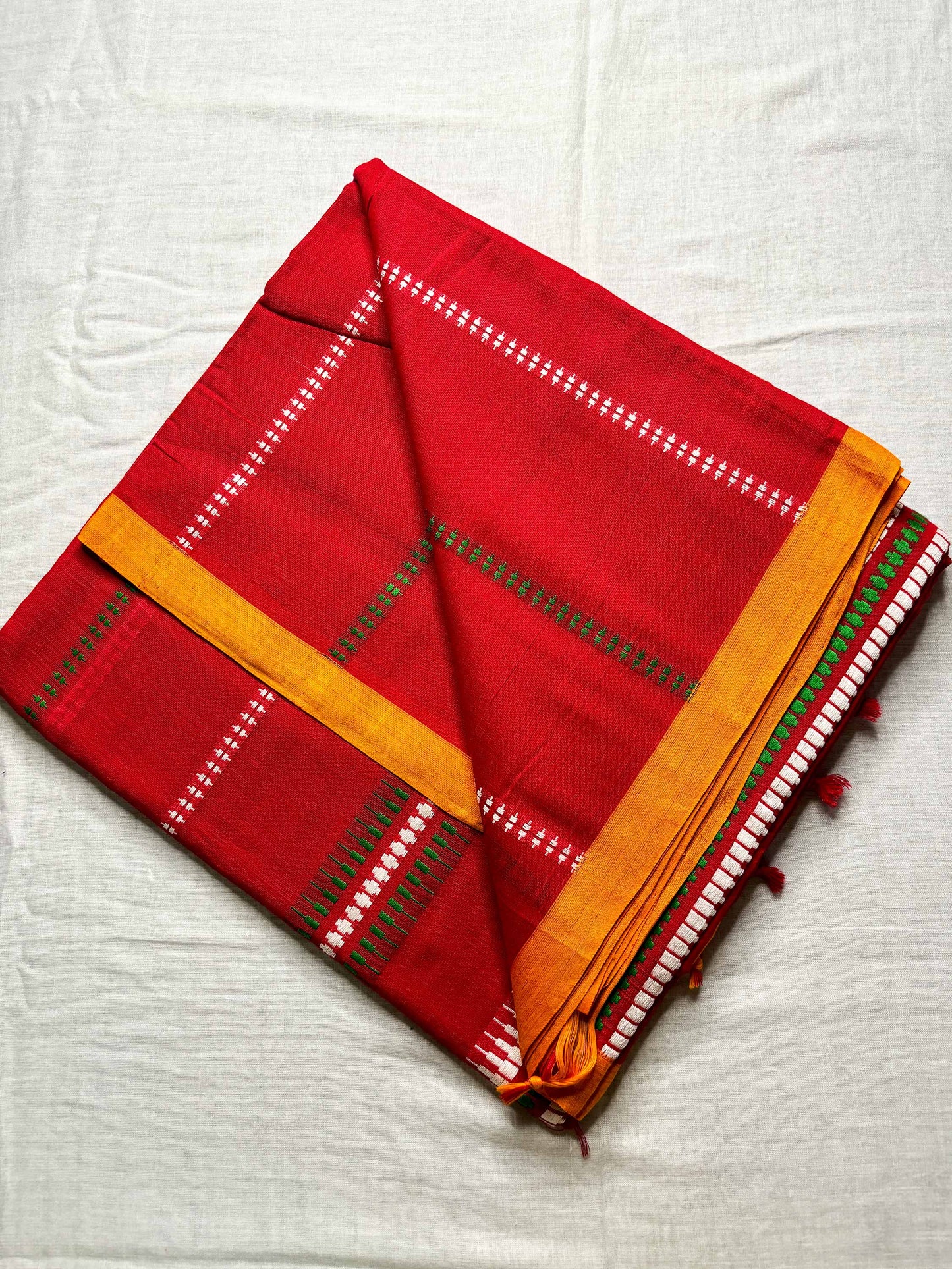 Red Begumpuri Cotton Handloom Saree with Yellow Borders