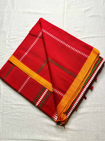 Red Begumpuri Cotton Handloom Saree with Yellow Borders