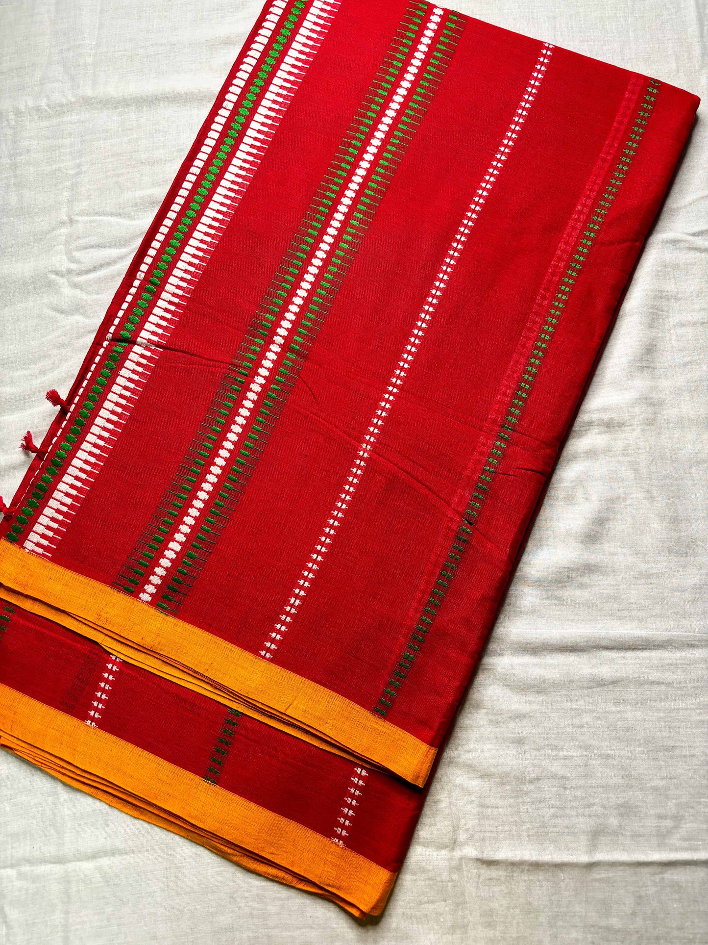 Red Begumpuri Cotton Handloom Saree with Yellow Borders