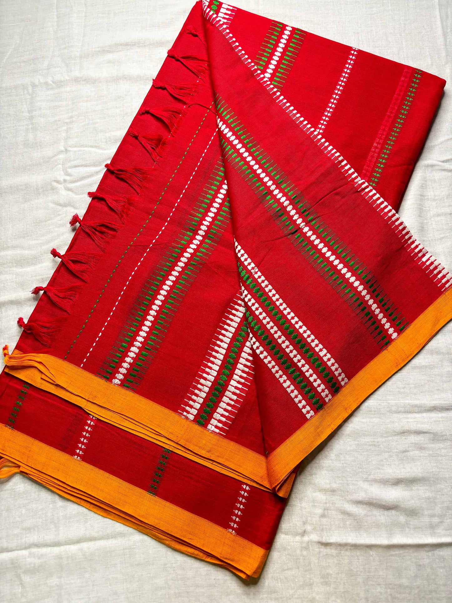 Red Begumpuri Cotton Handloom Saree with Yellow Borders