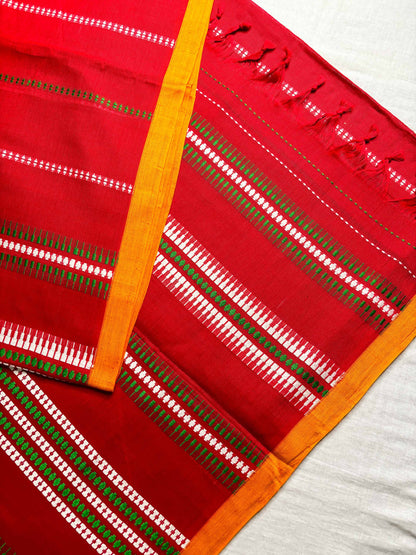 Red Begumpuri Cotton Handloom Saree with Yellow Borders