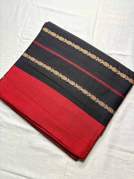 Black Fish Woven Cotton Dhaniakhali Saree with Ganga Jamuna Borders