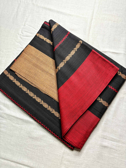 Black Fish Woven Cotton Dhaniakhali Saree with Ganga Jamuna Borders