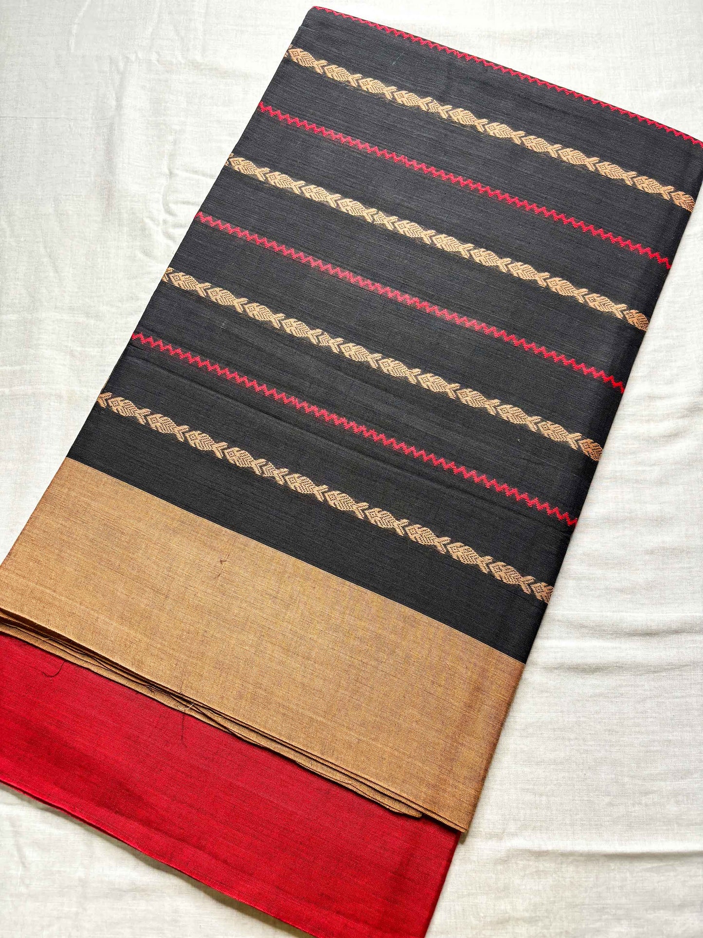 Black Fish Woven Cotton Dhaniakhali Saree with Ganga Jamuna Borders