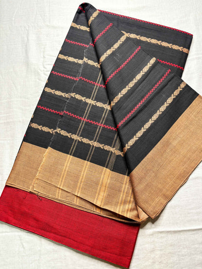 Black Fish Woven Cotton Dhaniakhali Saree with Ganga Jamuna Borders