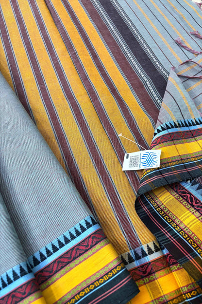 Bluish Grey Begampuri Cotton Saree with Yellow Woven Borders
