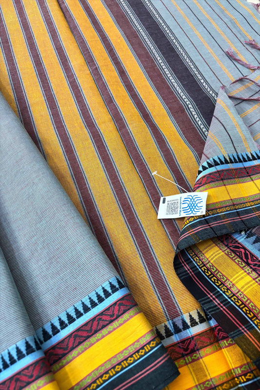 Bluish Grey Bengal Cotton Saree with Yellow Woven Borders