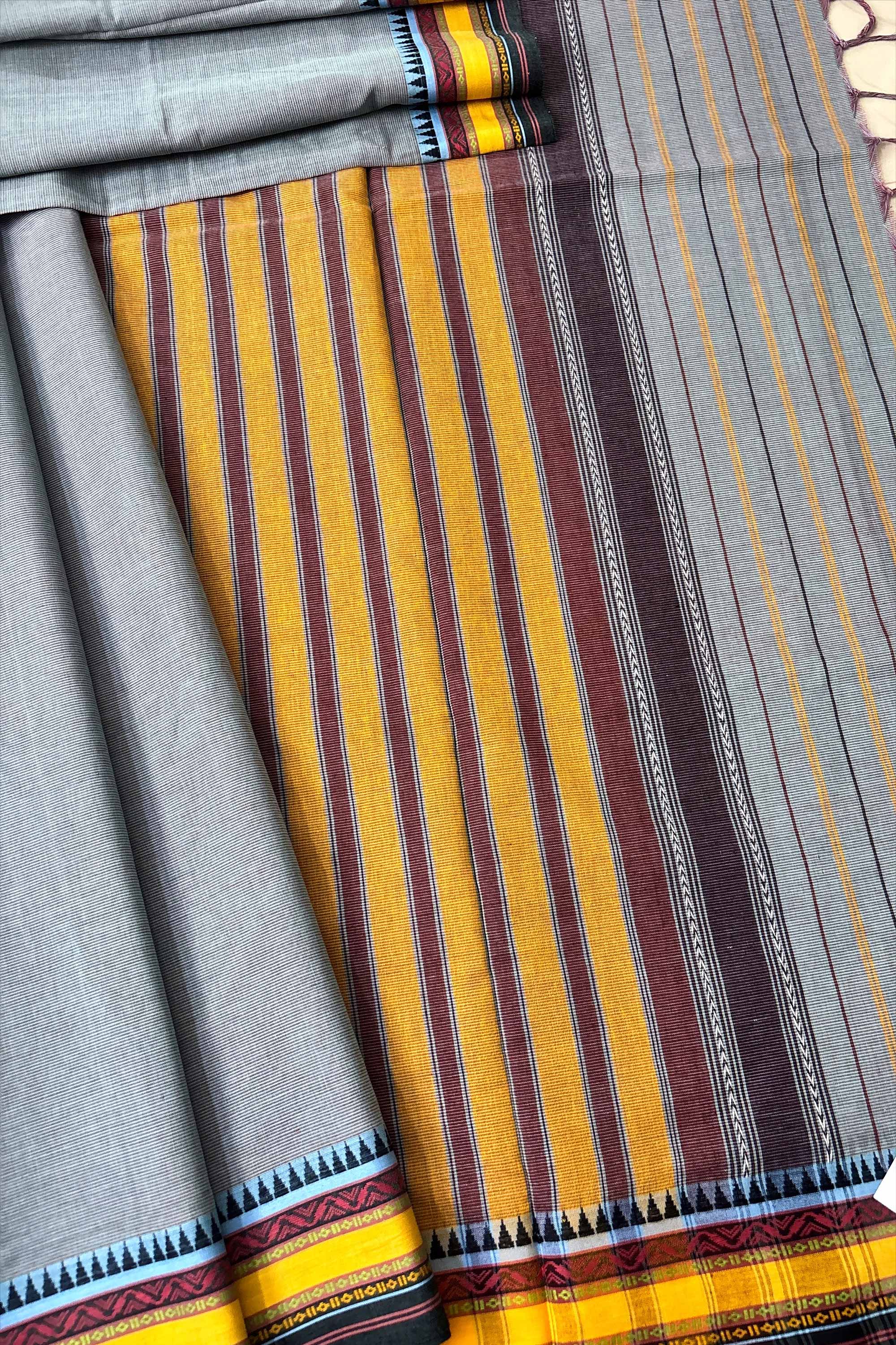 Bluish Grey Bengal Cotton Saree with Yellow Woven Borders