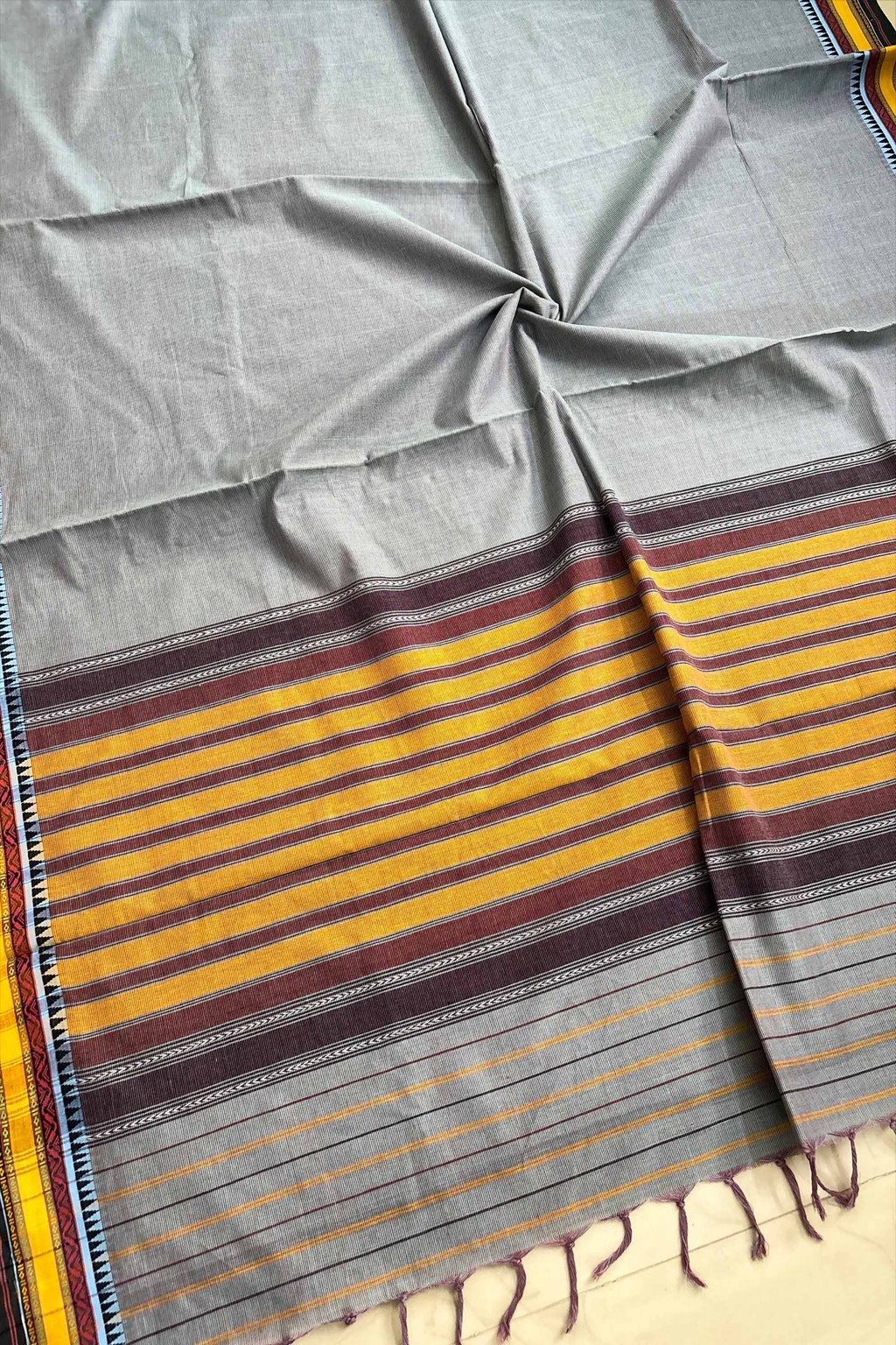 Bluish Grey Bengal Cotton Saree with Yellow Woven Borders