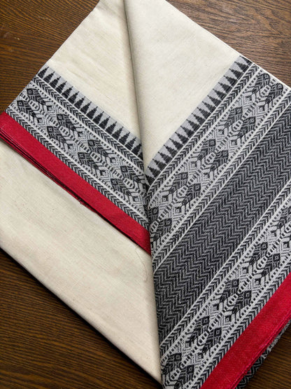 White Cotton Dhaniakhali Saree with Fish Woven Border