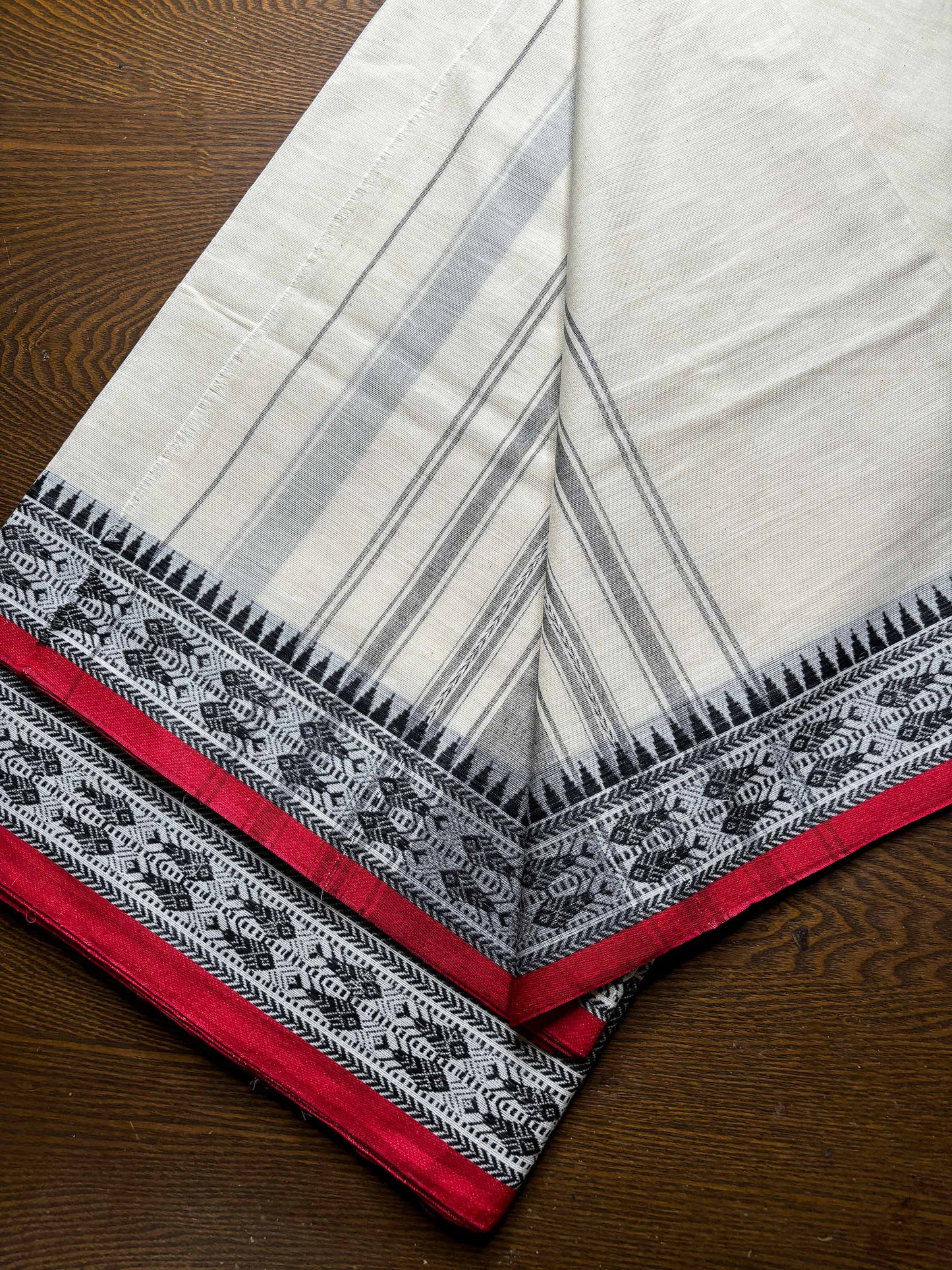 White Cotton Dhaniakhali Saree with Fish Woven Border