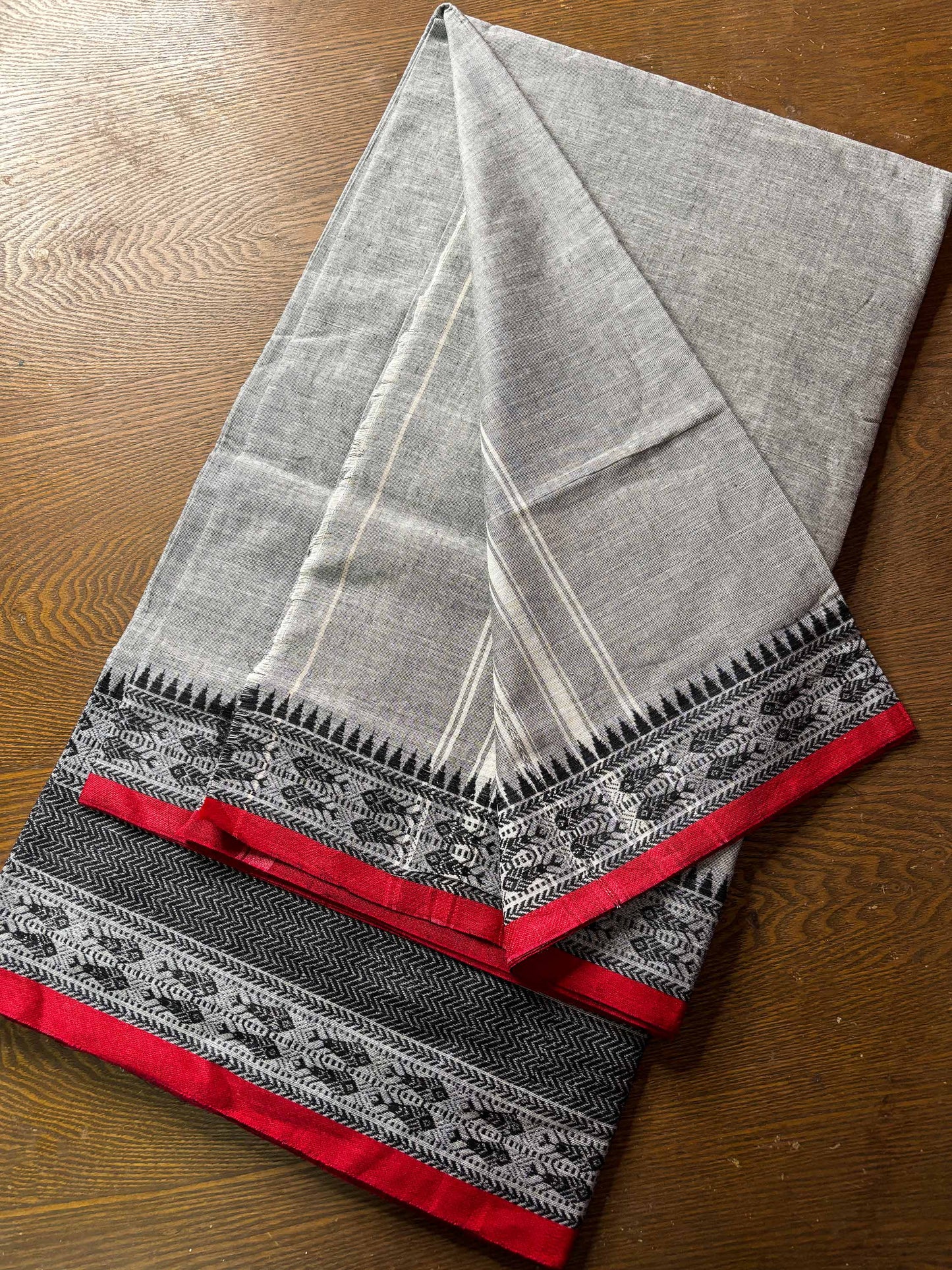 Grey Cotton Dhaniakhali Saree with Fish Woven Border