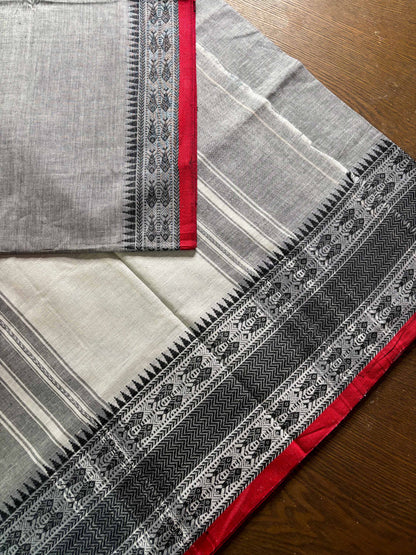 Grey Cotton Dhaniakhali Saree with Fish Woven Border