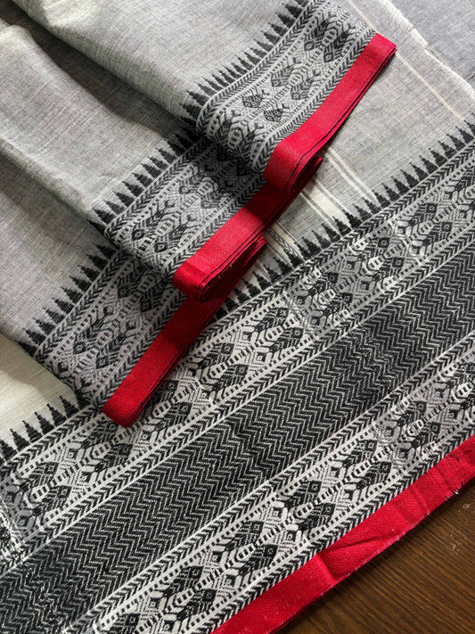 Grey Cotton Dhaniakhali Saree with Fish Woven Border