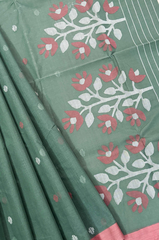 Forest Green Purely Handloom Needle Woven Jamdani Saree