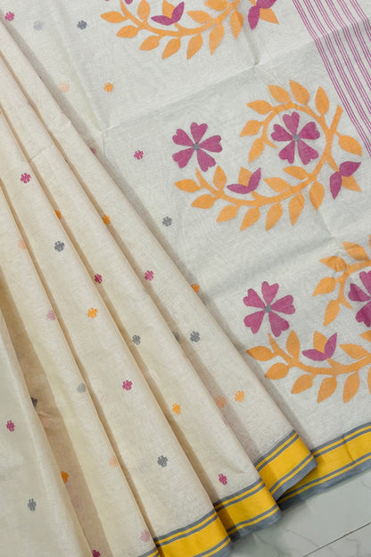 Creamy Yellow Purely Handloom Needle Woven Jamdani Saree