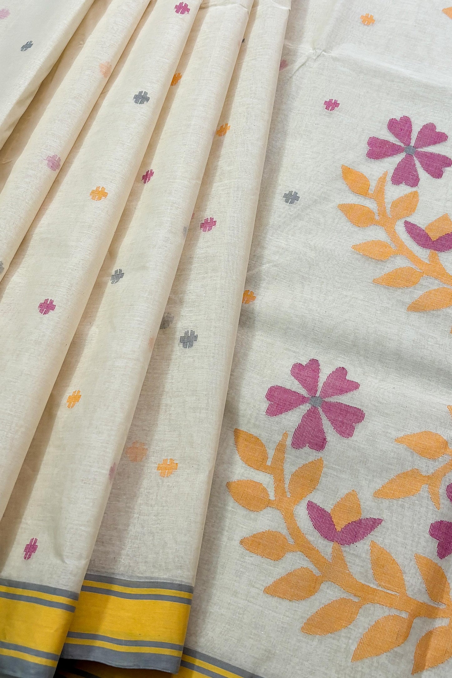 Creamy Yellow Purely Handloom Needle Woven Jamdani Saree