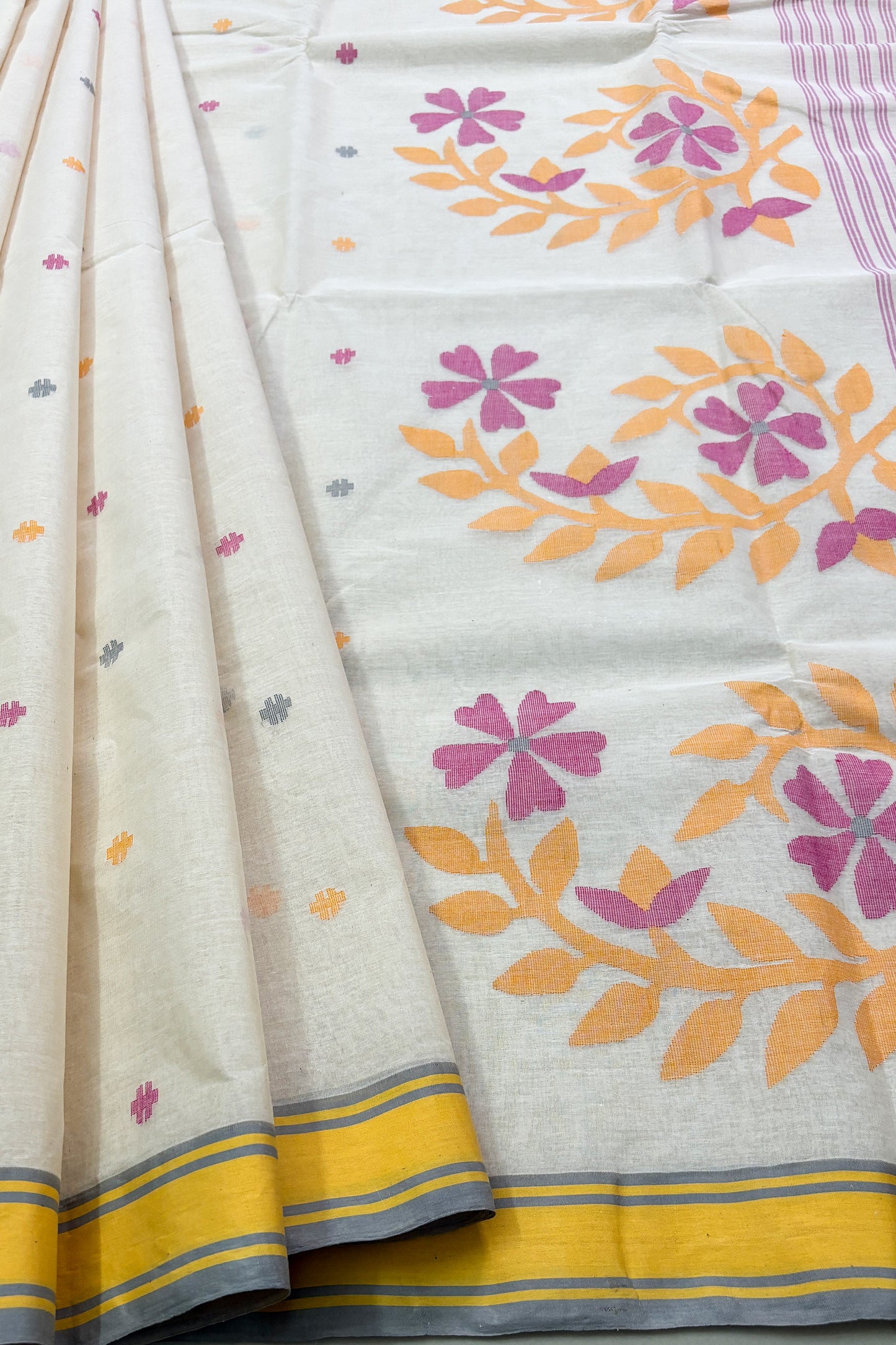 Creamy Yellow Purely Handloom Needle Woven Jamdani Saree