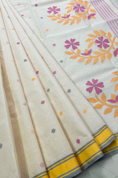 Creamy Yellow Purely Handloom Needle Woven Jamdani Saree