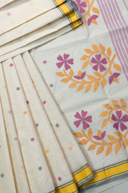 Creamy Yellow Purely Handloom Needle Woven Jamdani Saree